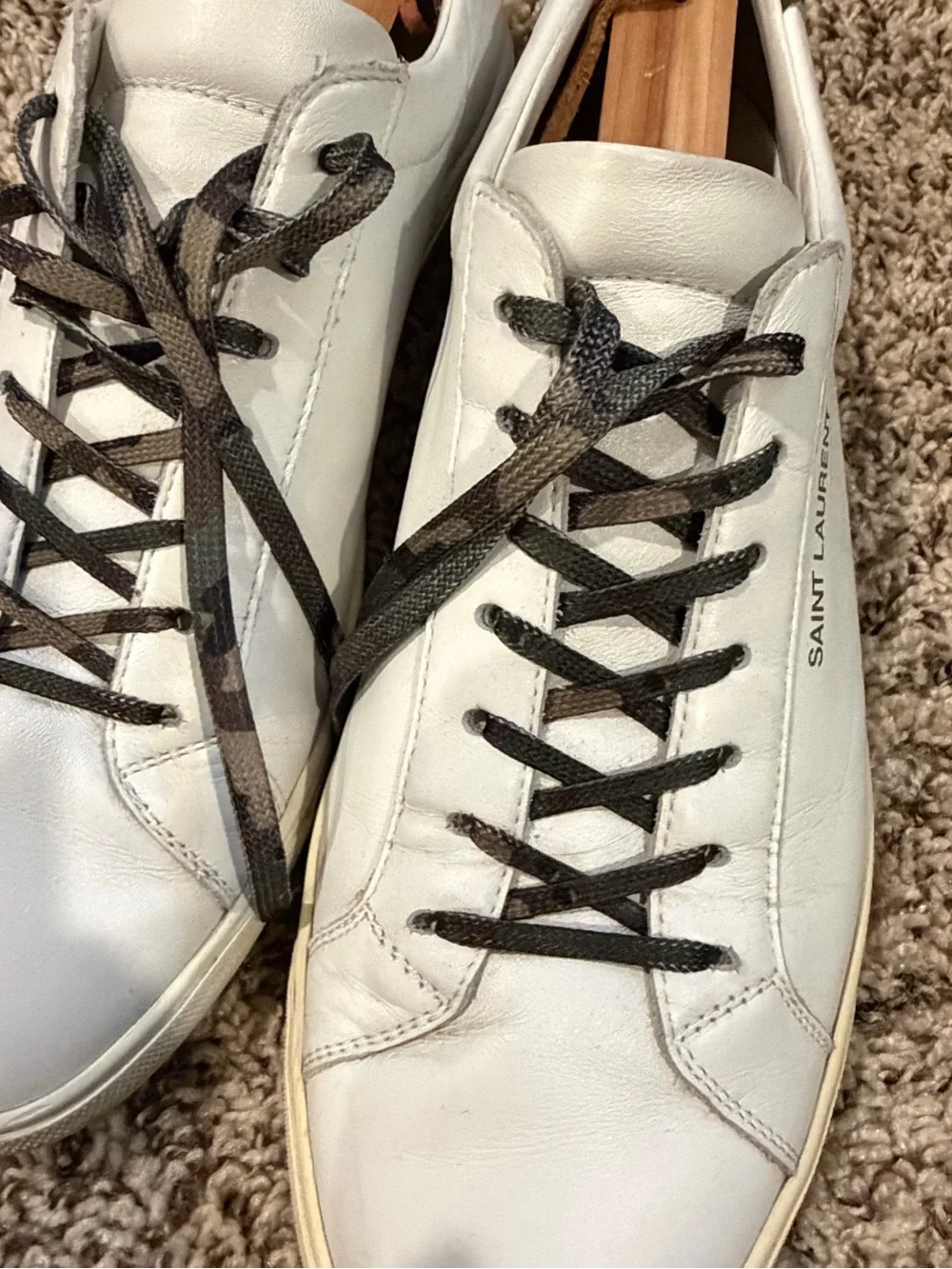 Saint Laurent White Leather Sneakers with Black Camouflage Laces